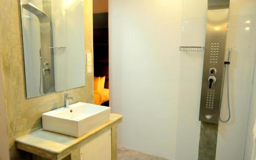 a bathroom with a sink and a mirror and a shower at Sundari Eco Village in Habarana