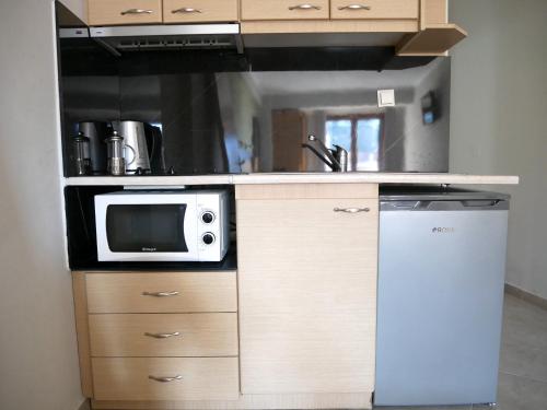 a small kitchen with a microwave and a stove at Sandra's Studios in Parga