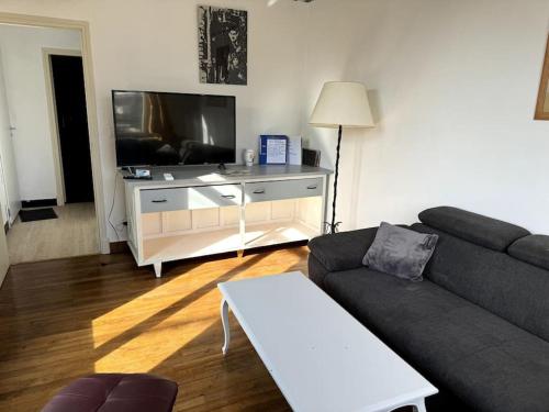 a living room with a couch and a flat screen tv at Appartement Sabatier T4 avec terrasse et jardin in Carcassonne