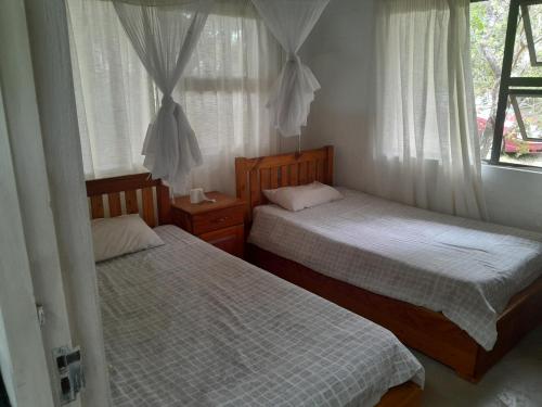 a bedroom with two beds and a window at Lunamanzi Lodge in Manguzi