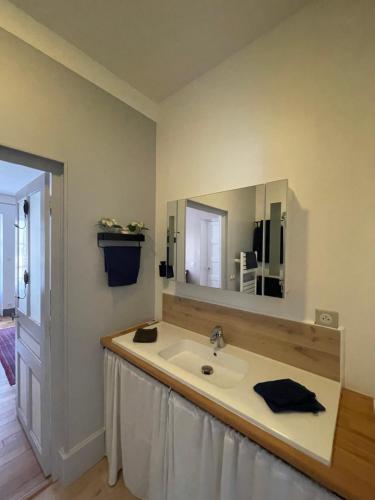 a bathroom with a sink and a mirror at Logis Saint Vivant in Volnay