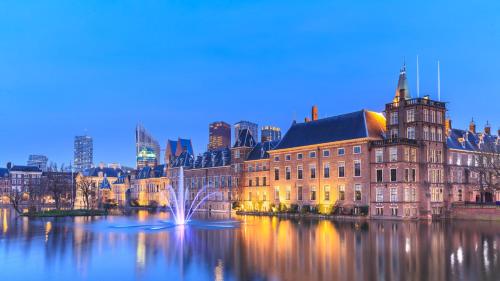 uma cidade com um edifício e uma fonte na água em The Hague Heritage em Haia