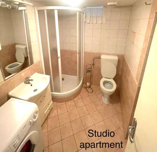 a bathroom with a shower and a toilet and a sink at Lili apartman in Vodice
