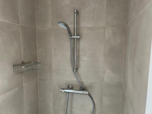a shower with a shower head in a bathroom at Villa Winkler in Annenheim