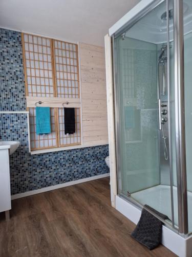 uma casa de banho com um chuveiro e uma cabina de duche em vidro. em Adagio Brugge em Bruges