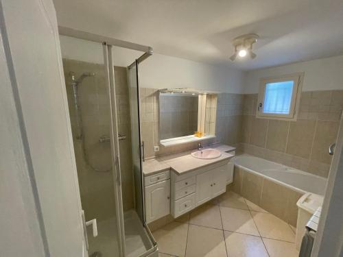 une salle de bain avec une douche, un lavabo et une baignoire dans l'établissement Villa Bell'am Corse, à Porto-Vecchio