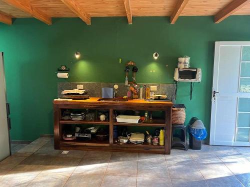 a kitchen with green walls and a wooden counter at Departamento con vista al lago in Puerto Libertad