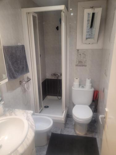 La salle de bains blanche est pourvue d'une douche et de toilettes. dans l'établissement Piso para compartir, à Santa Coloma de Gramanet