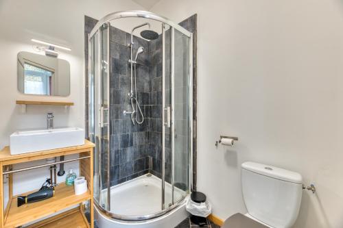 uma casa de banho com um chuveiro, um WC e um lavatório. em Thomas, F2 moderne au coeur de la Bouille em La Bouille