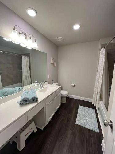 a bathroom with a sink and a large mirror at Spacious and fully equipped family house for 10 in Shenandoah