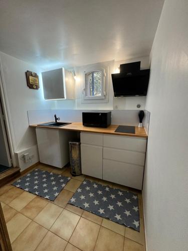une petite cuisine avec un comptoir et un évier dans l'établissement Appartement Piscine LA CIOTAT - CEYRESTE, à Ceyreste