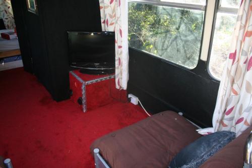 Habitación con sofá, TV y ventana. en Busmans Holiday Anyone, en Pontypool