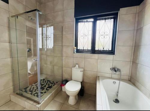 a bathroom with a toilet and a tub and a window at Alberta Bed and Breakfast in Pietermaritzburg