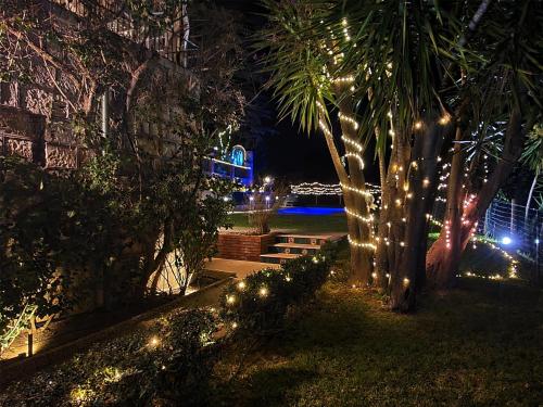 einen Garten mit Weihnachtslichtern und Palmen in der Nacht in der Unterkunft Villa Tommaso Maruggi, Sicilia, con Jacuzzi e piscina privata in Alcamo