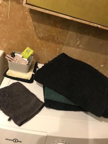une paire de gants noirs assis au-dessus d'un lave-linge dans l'établissement maison luxe cléo aeroport tillé 4 a 5 personnes, à Tillé