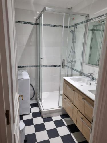 een badkamer met een douche en een wastafel bij Face château St Germain en Laye, appartement 4 à 6 personnes, 23 min de Paris Champs-Elysées in Saint-Germain-en-Laye