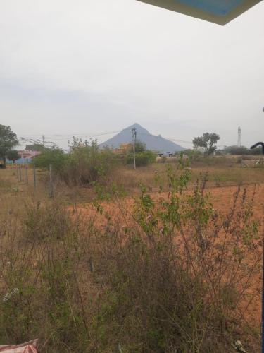een uitzicht op een veld met een berg op de achtergrond bij Arunachala Deepam House in Tiruvannamalai