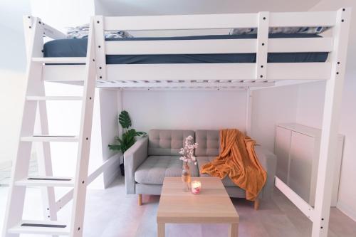 - un salon avec un canapé et des lits superposés dans l'établissement Le Studieux 2-T1-25m2-Métro 7, au Kremlin-Bicêtre