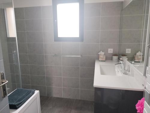 een badkamer met een wastafel en een douche met een raam bij villa avec jacuzzi in Malaucène