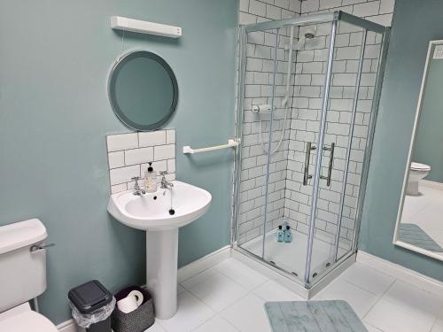 a bathroom with a sink and a glass shower at Oak House Laois B&B in Portarlington