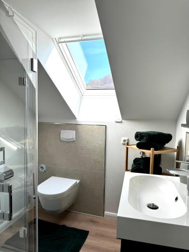 a bathroom with a toilet and a sink and a skylight at Ferienhaus Merl in Zell an der Mosel