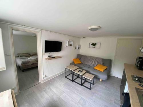 a living room with a couch and a tv at appartement avec garage et terrasse in Bourges