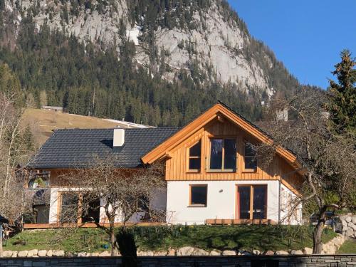 a house with a mountain in the background at Appartement Lärchenwald in Tauplitz