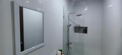 W łazience z przeszklonymi drzwiami znajduje się prysznic. w obiekcie OYO 1063 Manuela's Suites w mieście Puerto Princesa