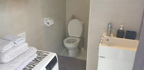 uma casa de banho com WC, lavatório e toalhas em Platja d'Aro 1 BR apartment em Platja d'Aro