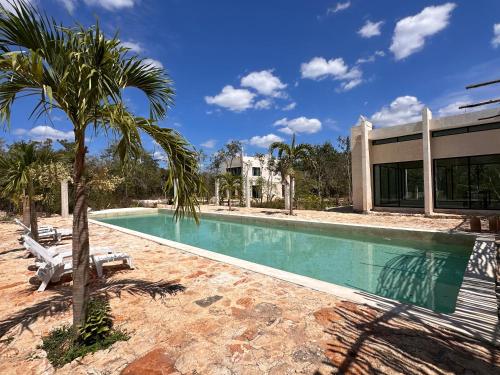 a swimming pool with a palm tree and a building at Xbalche eco hotel & RV park 