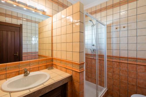 a bathroom with a sink and a shower at TERRAÇOS DE BENAGIL 20 in Benagil