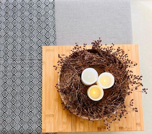 two eggs in a nest on a cutting board at Haroupia Hillside Villa in Kalymnos