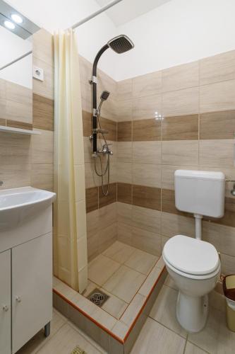 a bathroom with a shower and a toilet and a sink at Koma Vendégház in Aporliget