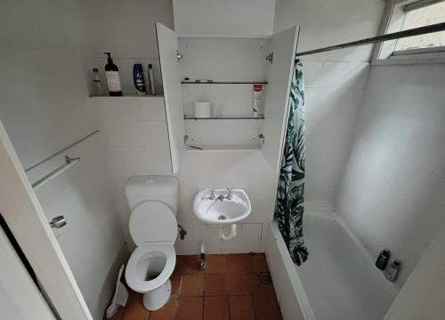 a small bathroom with a toilet and a sink at Cozy bedroom in terrace house in Sydney