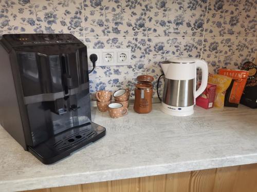 a microwave sitting on top of a kitchen counter at Апартаменты в центре Ужгорода СКАЛА in Uzhhorod