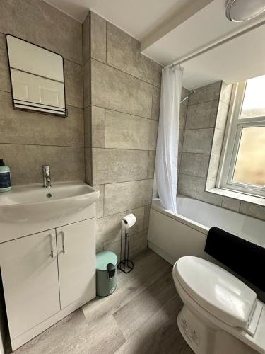 een badkamer met een wastafel, een toilet en een raam bij Carmen Sylva Llandudno Beach ground floor Flat in Llandudno