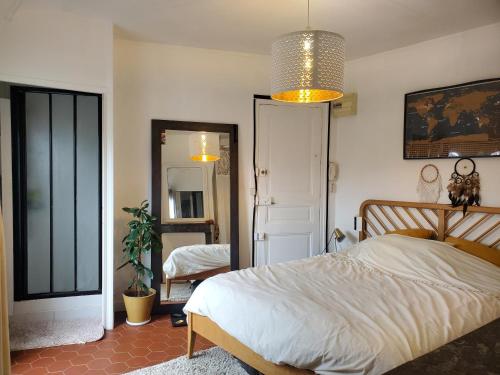 a bedroom with a bed and a mirror at Appartement cosy Notre-Dame in Paris