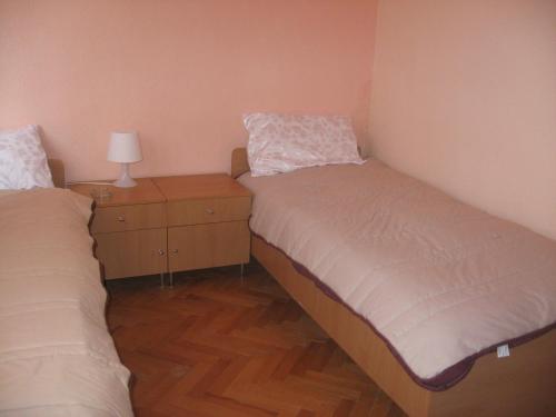 a bedroom with two beds and a night stand with a lamp at Hotel Markovi Kuli TD in Prilep