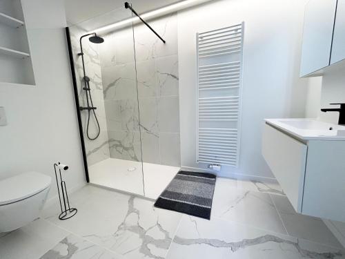 ein Bad mit einer Dusche, einem WC und einem Waschbecken in der Unterkunft ASTRID 0301 - App voor 6 personen in De Panne