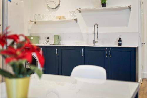 a kitchen with blue cabinets and a vase with red flowers at Boho Nest in Bournemouth