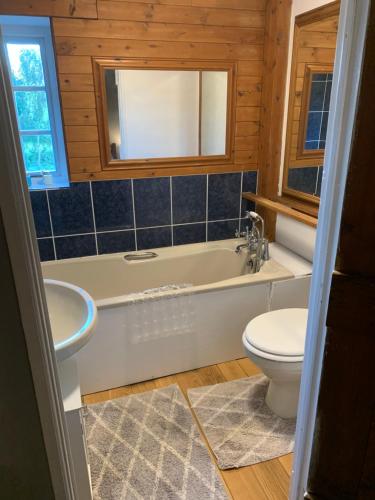 a bathroom with a tub and a toilet and a sink at Pant-y-creolen in Llanfyllin