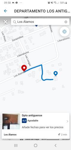 uma imagem de uma aplicação do Google Maps com uma seta vermelha em Dpto rosales em Los Antiguos