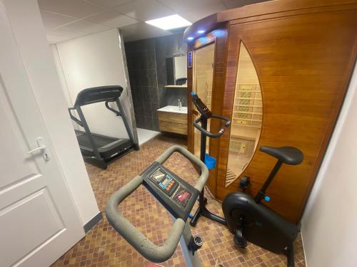 a room with a gym with a treadmill and a mirror at Chalet Rouge Gazon Altitude 1100m in Saint-Maurice-sur-Moselle