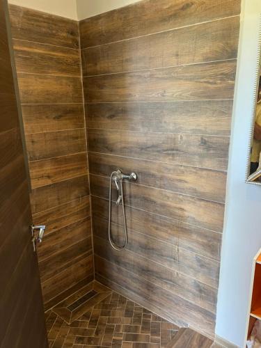 a bathroom with a shower with wooden walls at Villa Maria, Luxury Marrakech in Marrakesh