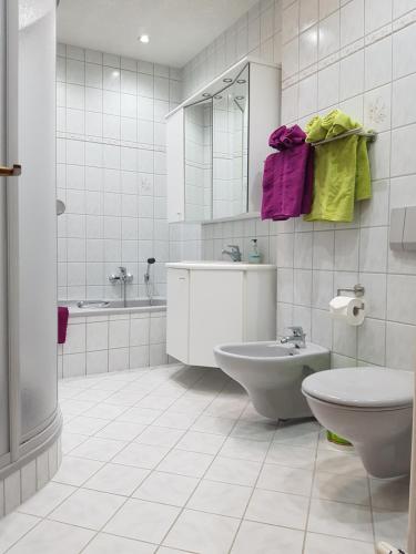 Baño blanco con lavabo y aseo en Gemütliche Ferienwohnung im schönen Erzgebirge - Wohnung Frühling en Eibenstock