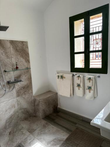 a bathroom with a shower and a sink at Domaine sultana in Awlād ‘Umar