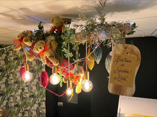 a bunch of stuffed animals hanging from a ceiling with lights at SHELDER Hôtel - CHERBOURG EN COTENTIN - Equeurdreville in Cherbourg en Cotentin