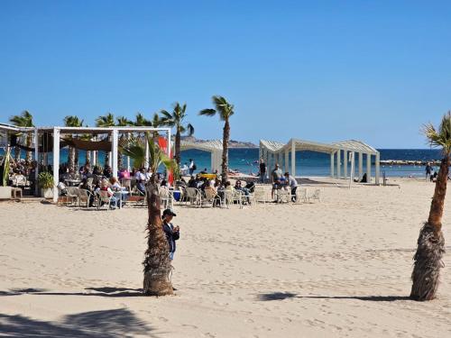 a young boy standing on a beach with palm trees at PLAYA POSTIGUET 2 in Alicante