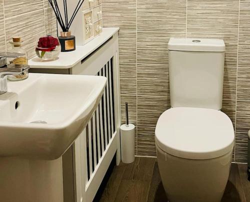 a bathroom with a white toilet and a sink at Fairford House - 4 Bed House - Close to the Racecourse in Cheltenham