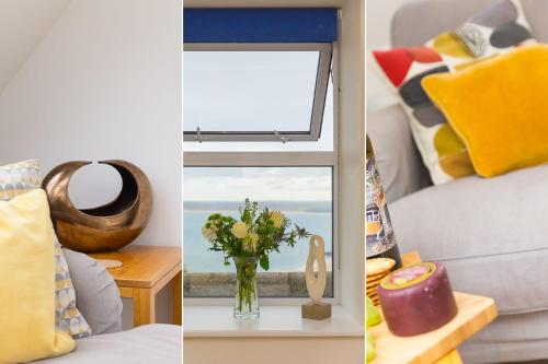 a collage of pictures of a living room with a window at Happy Days in St Ives